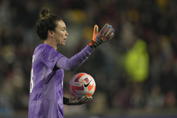 Matildas goalkeeper Mackenzie Arnold during April’s friendly win over England.