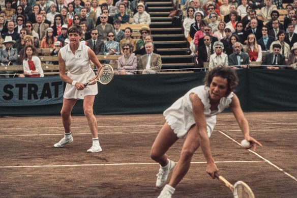 Playing doubles with Margaret Court in London in 1971. 