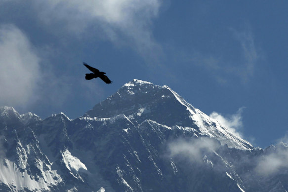 Mount Everest seen in the background from Namche Bajar, Solukhumbu district, Nepal.