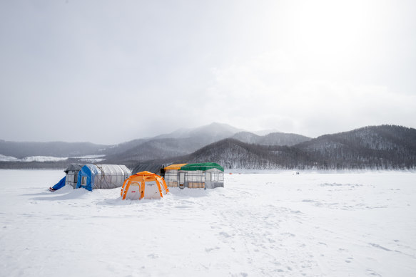 The temporary ice fishing village on Lake Kanayama, Hokkaido, Japan.