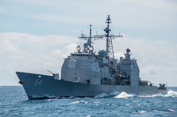 A Ticonderoga-class guided-missile cruiser USS Antietam sails in the South China Sea.