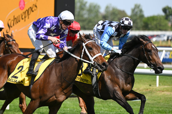 Another Prophet, right, wins the 2024 Thousand Guineas from Aeliana.