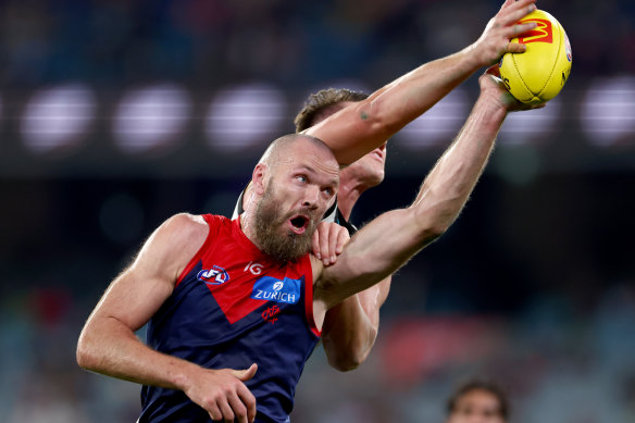 Melbourne captain Max Gawn contests the ball at the MCG on Saturday night