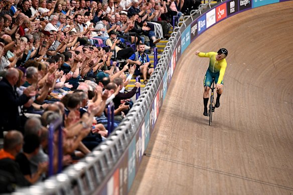 Leigh Hoffman of Team Australia celebrates after setting a Commonwealth Games record during the men’s sprint qualifying.