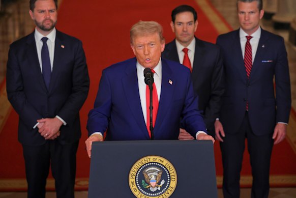 President Donald Trump speaks about the operation from the East Room of the White House in Washington.