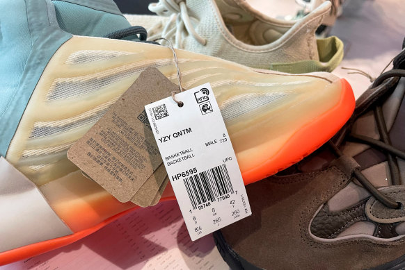 A pair of Yeezy shoes are seen in a Foot Locker store on the day Adidas terminated its partnership with the American rapper and designer Kanye West in New York on October 25, 2022.