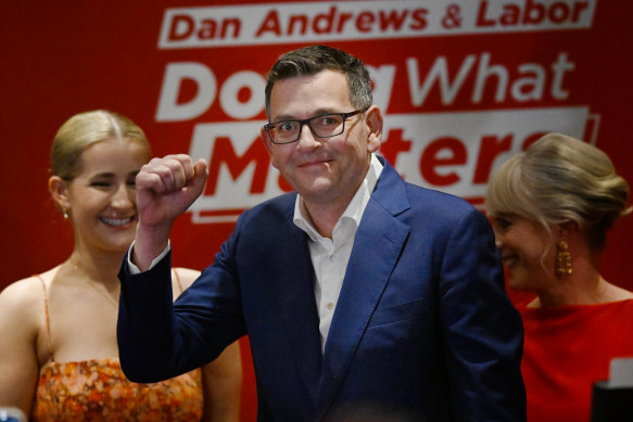 Daniel Andrews celebrates last year’s crushing electoral win.