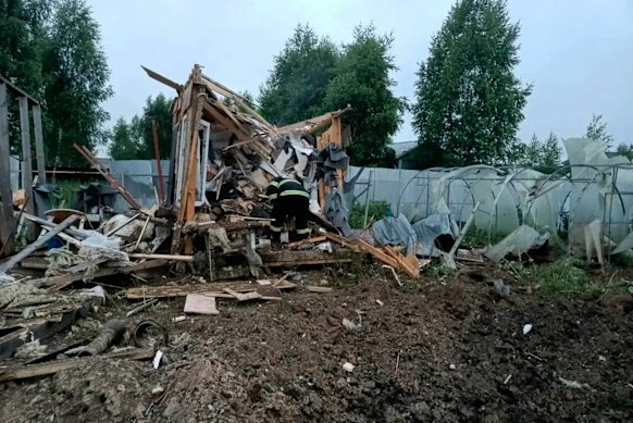 A photo released by Moscow region Governor Andrei Vorobyev’s official Telegram channel of damage after a Ukrainian drone attack.