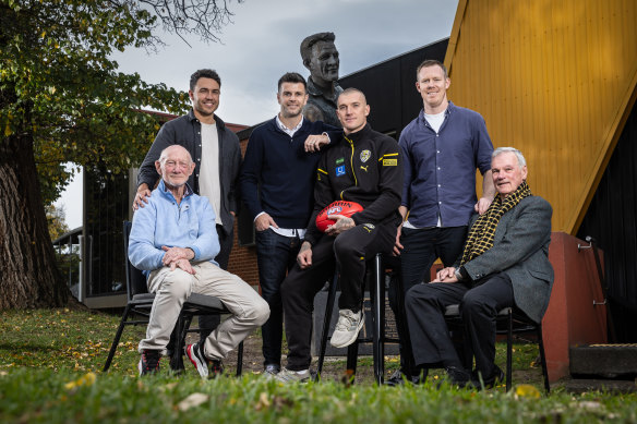 Richmond’s 300-gamers (from left): Kevin Bartlett, Shane Edwards, Trent Cotchin, Dustin Martin, Jack Riewoldt and Francis Bourke.