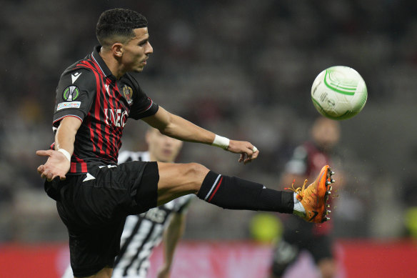 OGC Nice’s Youcef Atal in action in 2022.