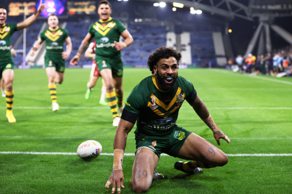 Josh Addo-Carr scores his fifth try for Australia.