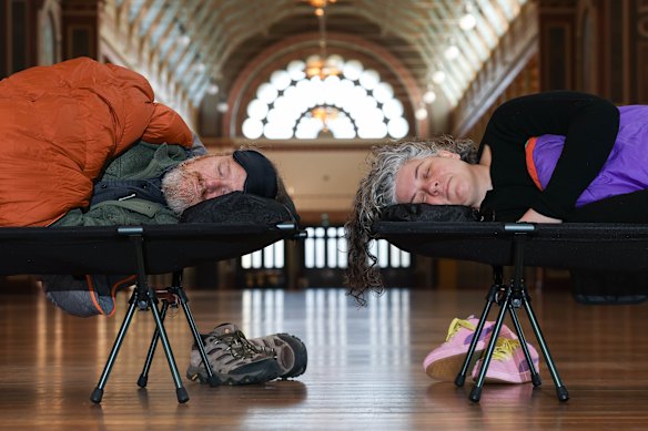 Night-night. Marcel Feillafe and Katie Sfetkidis have bought tickets to sleep overnight in the Royal Exhibition Building.