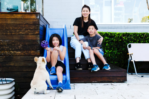 Bernadette Wang with her children Abby and Ashton, who attend their local public school in Lane Cove.