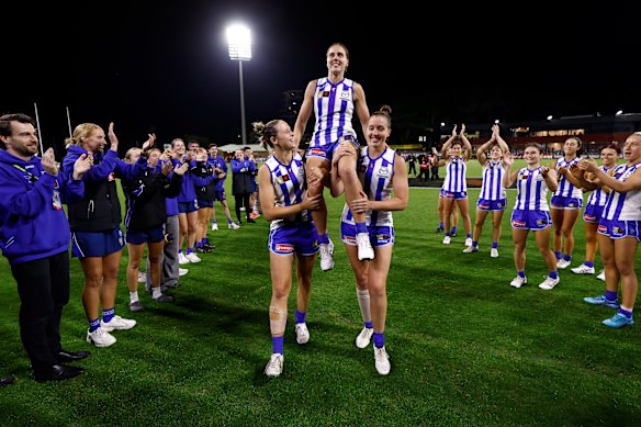 Jasmine Garner was chaired from the field at Kinetic Stadium in Frankston after her 100th match.