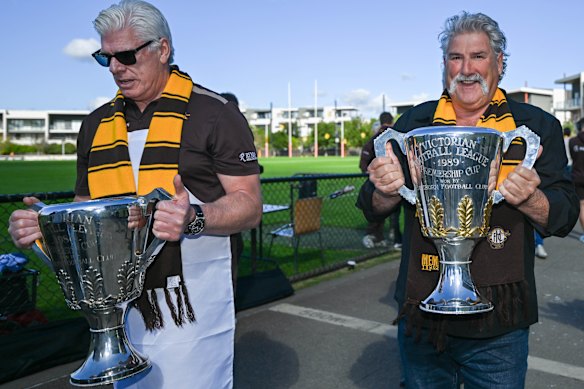 Gary Ayres (1988) and Robert DiPierdomenico (1989) with their premiership cups.