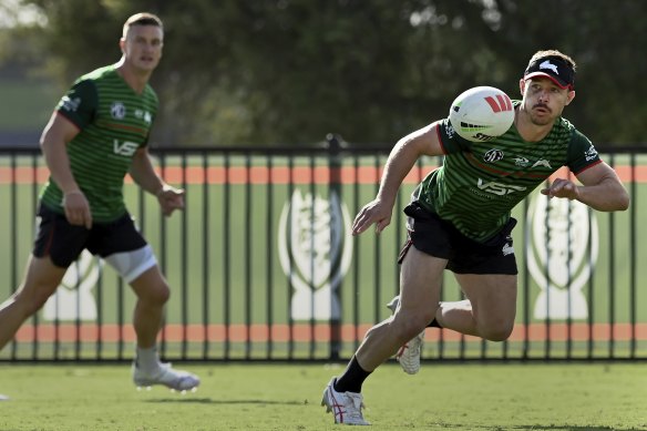 Damien Cook (right) has been dropped from the Rabbitohs’ starting side for the second time this season.