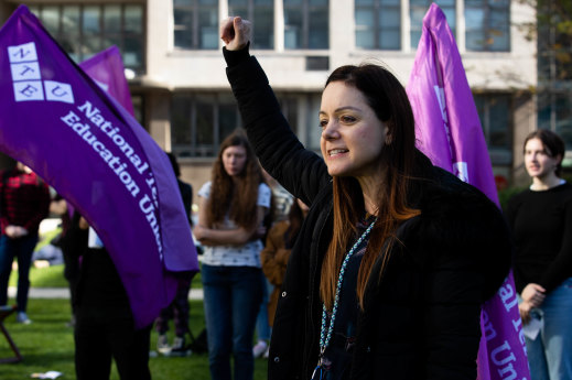 Law lecturer Dr Thalia Anthony joins UTS students at a protest about funding cuts and staff losses in May.