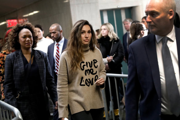 Jessica Mann, centre, arrives at court in New York for Harvey Weinstein's sentencing.