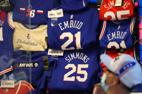 A fan shops for souvenirs in Philadelphia.