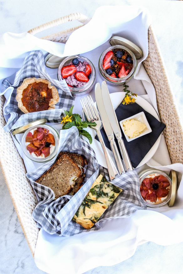 In the foothills of the NSW Snowy Mountains, Three Blue Ducks at  Nimbo Fork Lodge offers breakfast hampers filled with local produce.