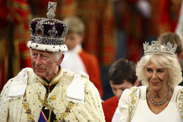 Britain's King Charles wears the Imperial State Crown and Queen Camilla wears the Diamond Diadem during a ceremony on the day of the State Opening of Parliament at the Palace of Westminster in London, Wednesday, July 17, 2024. (Hannah McKay/Pool Photo via AP)