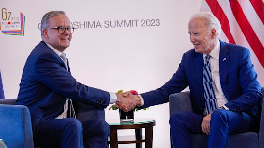 It’s a deal: US President Joe Biden and Prime Minister Anthony Albanese on the sidelines of the G7 Summit.