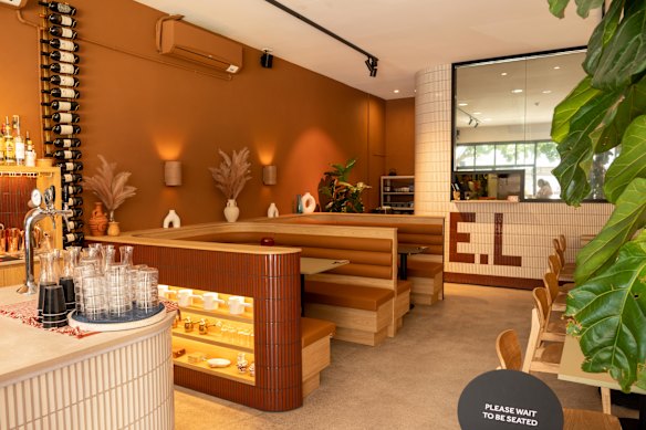 The dining room has booth seating. 