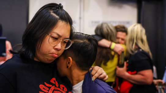 Yes supporters react at a Yes23 official referendum function.