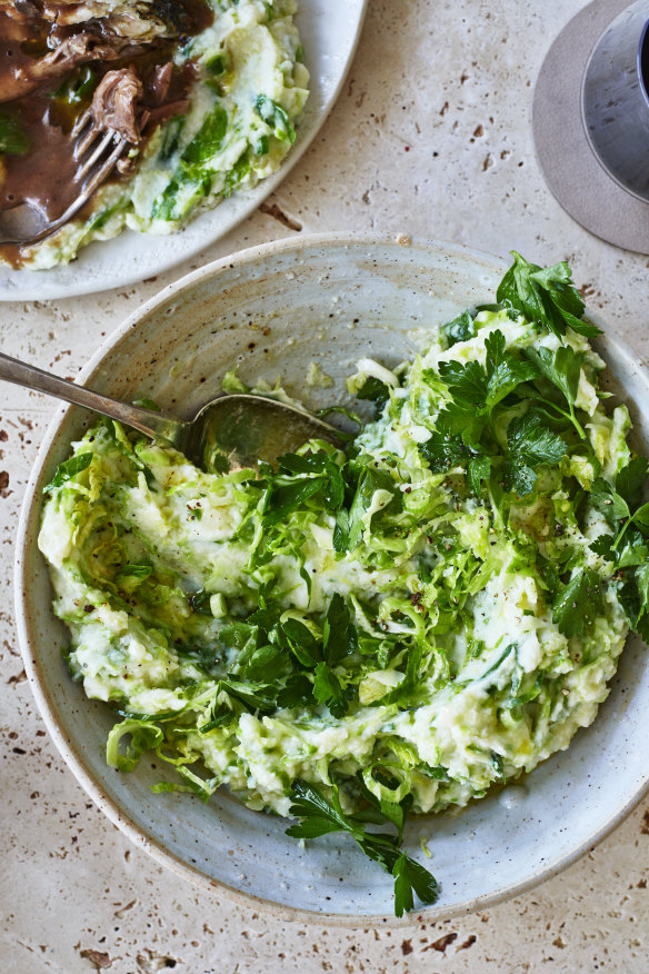 Colcannon (Irish-style mashed potato) with Brussels sprouts and parsley.