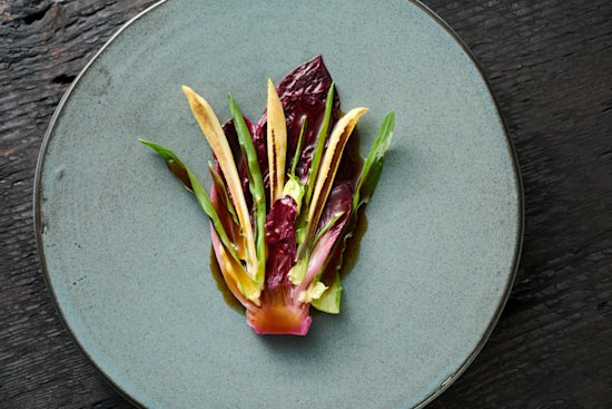 Sweet and sour chicories with roasted shallot cream, plus duck liver cocoa and pistachio.