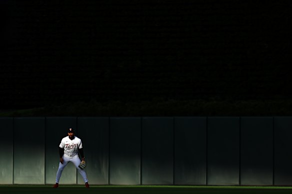 Byron Buxton #25 of the Minnesota Twins readies for play against the Seattle Mariners in the second inning at Target Field in Minneapolis, Minnesota.