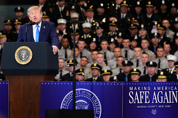 Donald Trump speaks in front of a teleprompter in New York.