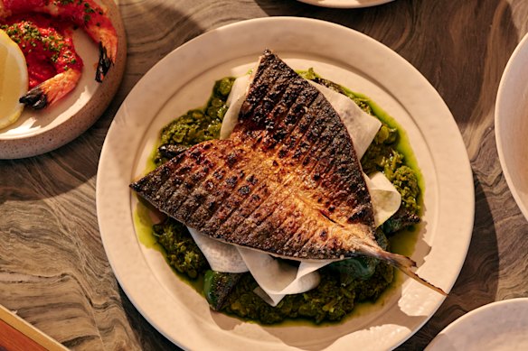 Butterflied blue mackerel with broccolini salsa verde.