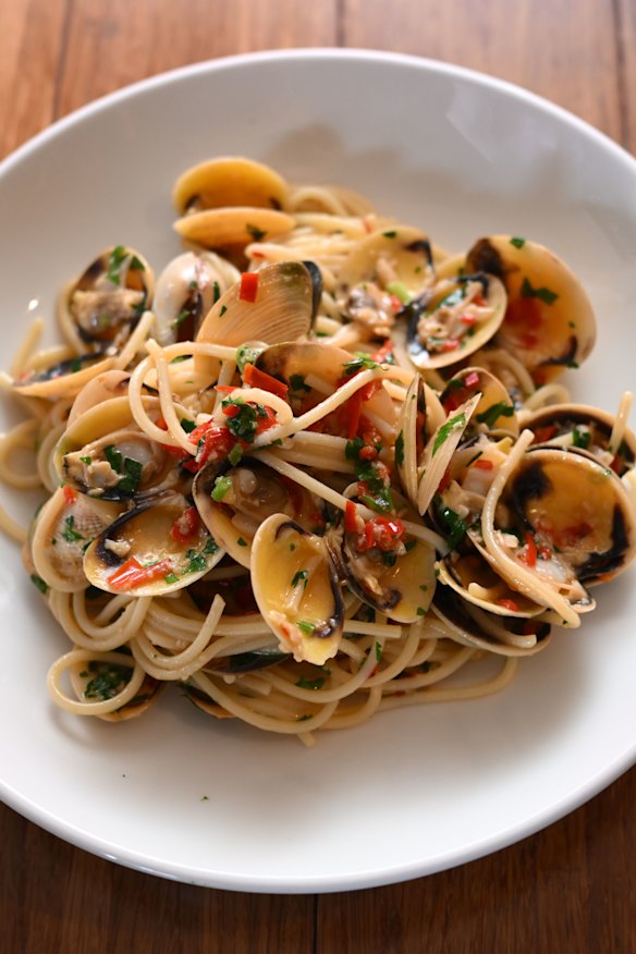 Spaghetti vongole with pippies, garlic, lemon, chilli and olive oil.