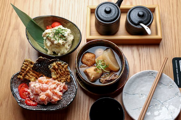 The broad menu includes snacks like potato salad (top), brothy oden (centre) and fish tartare with nori crackers (left).