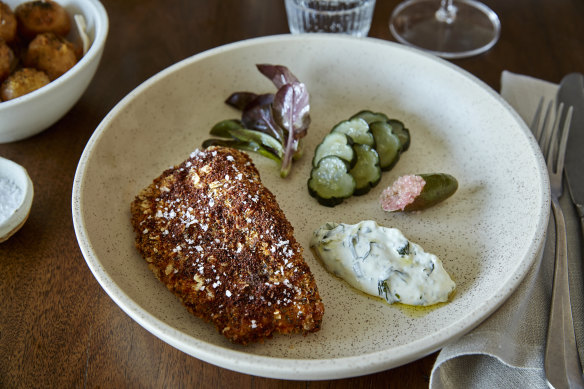 Crumbed trevalla with sauce gribiche and bronzed kipfler scallops (top left).