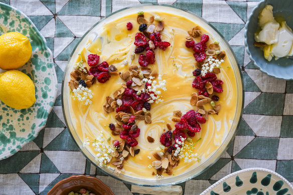 Share-friendly panna cotta swirled with limoncello curd and topped with berries and buttered almonds. 
