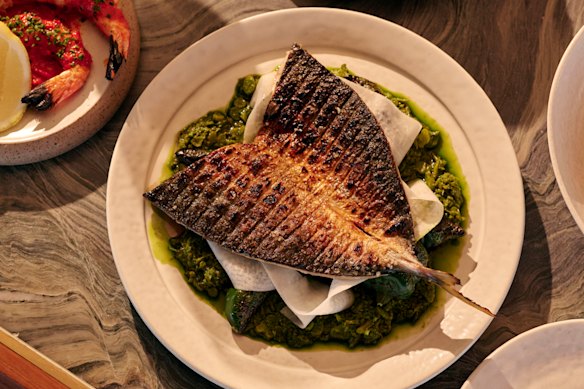 Butterflied blue mackerel with broccolini salsa verde.