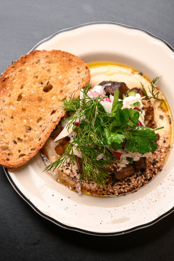 Roast lamb with hummus.