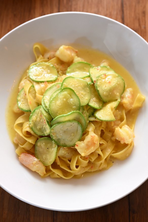 Saffron tagliatelle with prawns, zucchini and finger lime butter.