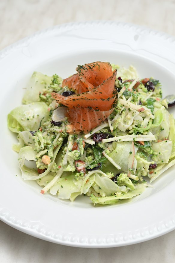 Broccoli salad with (optional) cured salmon.