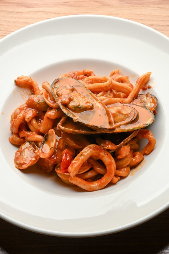 Casarecce pasta with seafood.
