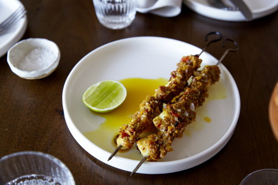 Toothfish skewers with prawn and lemongrass sambal.