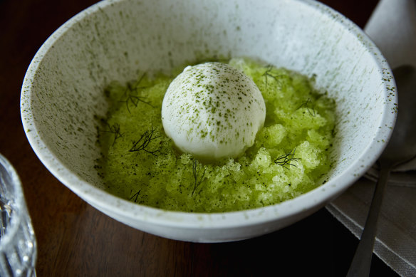 Vacherin, melon, coconut sago and pandan ice-cream.