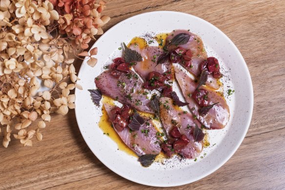 Bonito crudo with burnt honey and rhubarb-boshi.