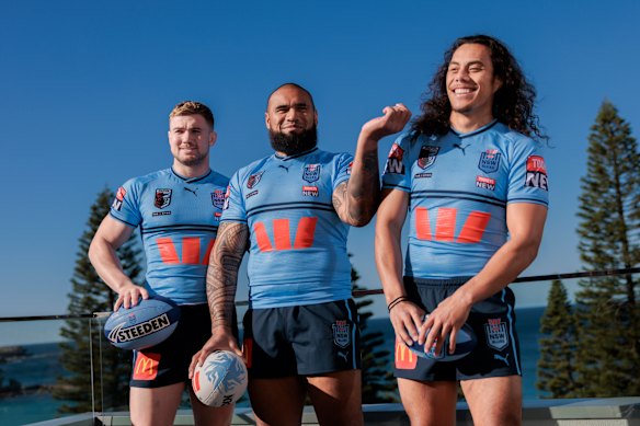 Hudson Young, Junior Paulo and Jarome Luai at the NSW Blues media opportunity in Coogee. 