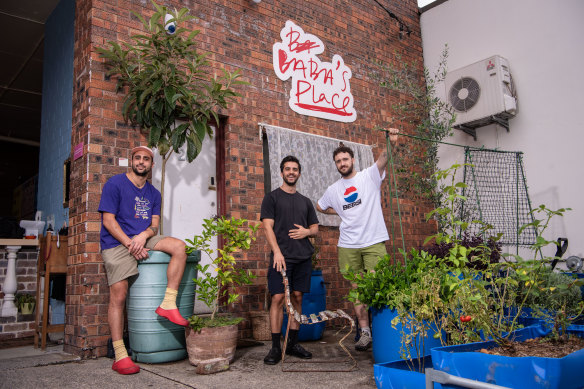 Baba’s Place co-owner chefs Jean-Paul El Tom, James Bellos and Alexander Kelly in their restaurant in Marrickville.