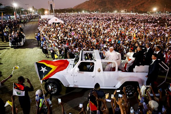 Pope Francis waves to the faithful in Dili, Timor-Leste, during his apostolic trip to Asia on September 10, 2024.