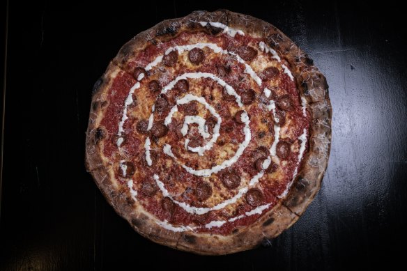 Rancho Relaxo (hot pepperoni pizza with ranch drizzle).