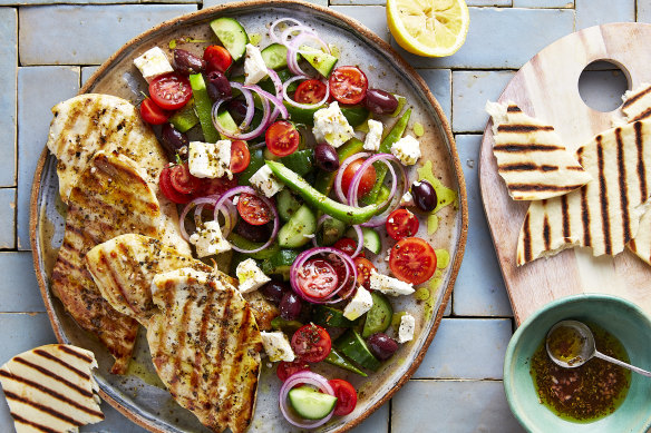 Greek chicken and salad: a quick and satisfying meal.